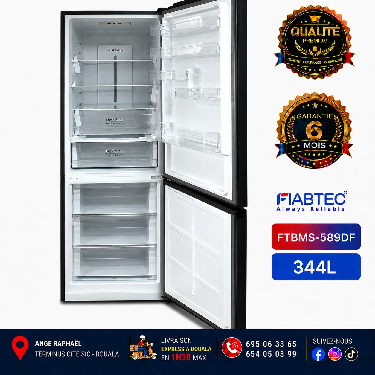 Réfrigérateur Combiné Nofrost - Fiabtec - FTBMS-589DF - 344l - Classe A+ - Gris