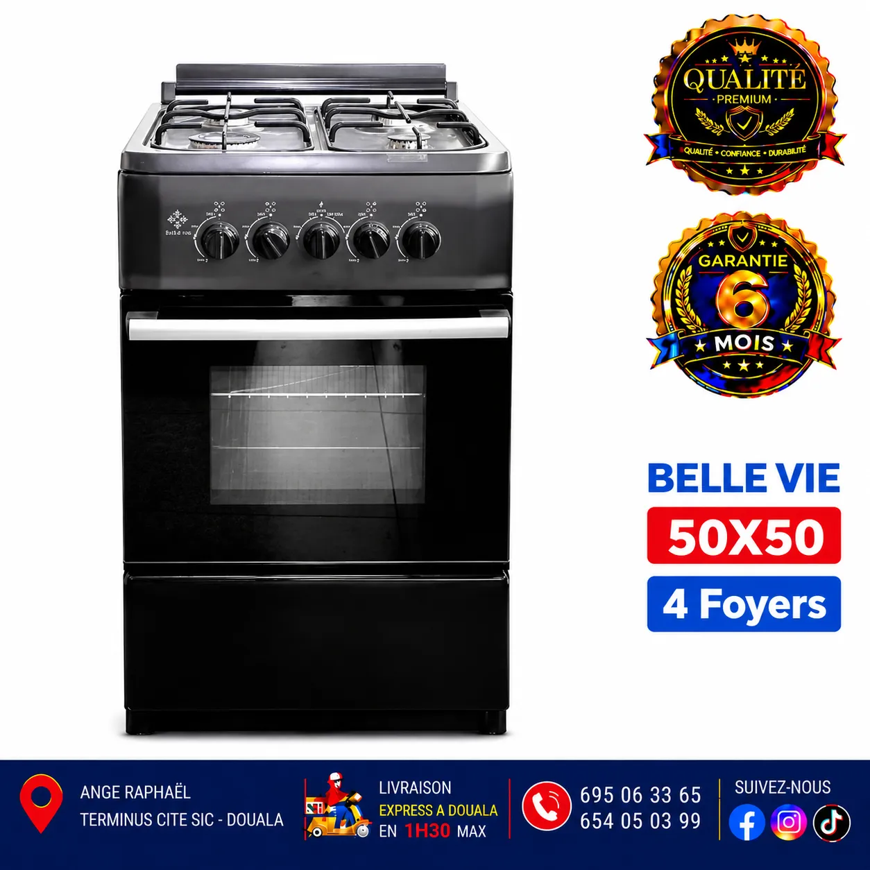 Cuisinière à gaz 4 foyers – Belle Vie – 50 × 50 – allumage automatique – four – marron, gris et noir