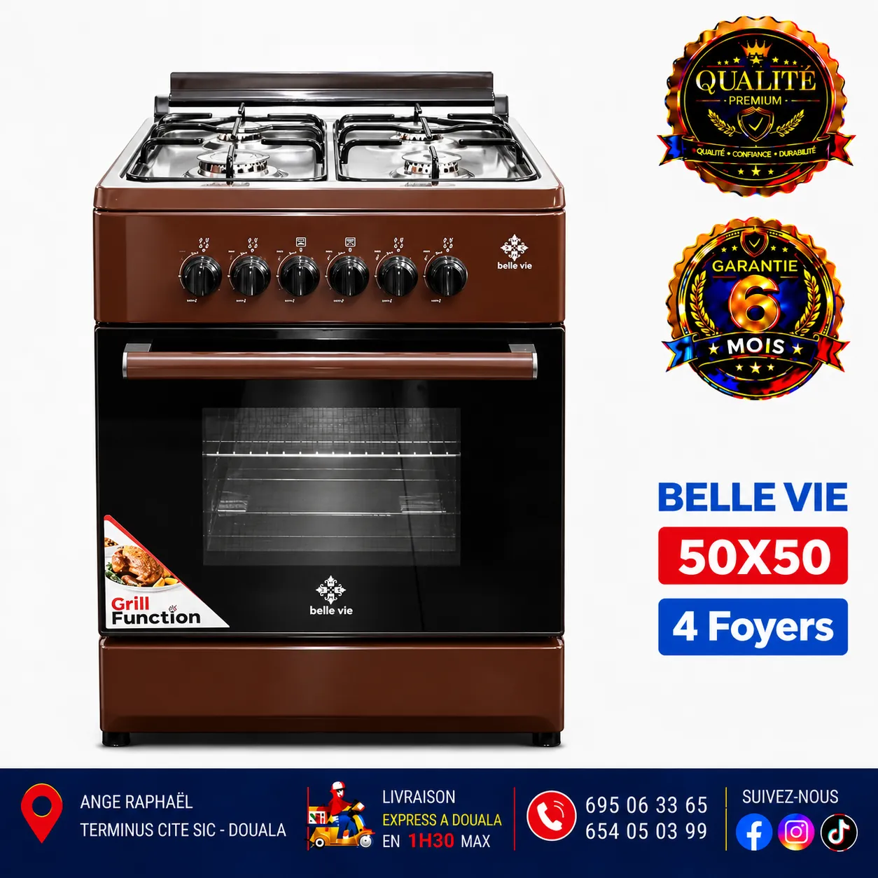 Cuisinière à gaz 4 foyers – Belle Vie – 50 × 50 – allumage automatique – four – marron, gris et noir