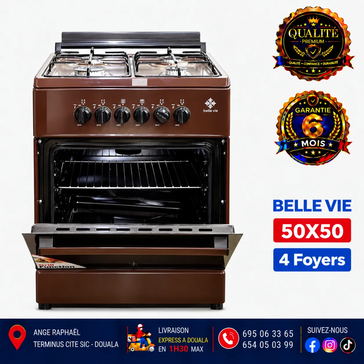 Cuisinière à gaz 4 foyers – Belle Vie – 50 × 50 – allumage automatique – four – marron, gris et noir