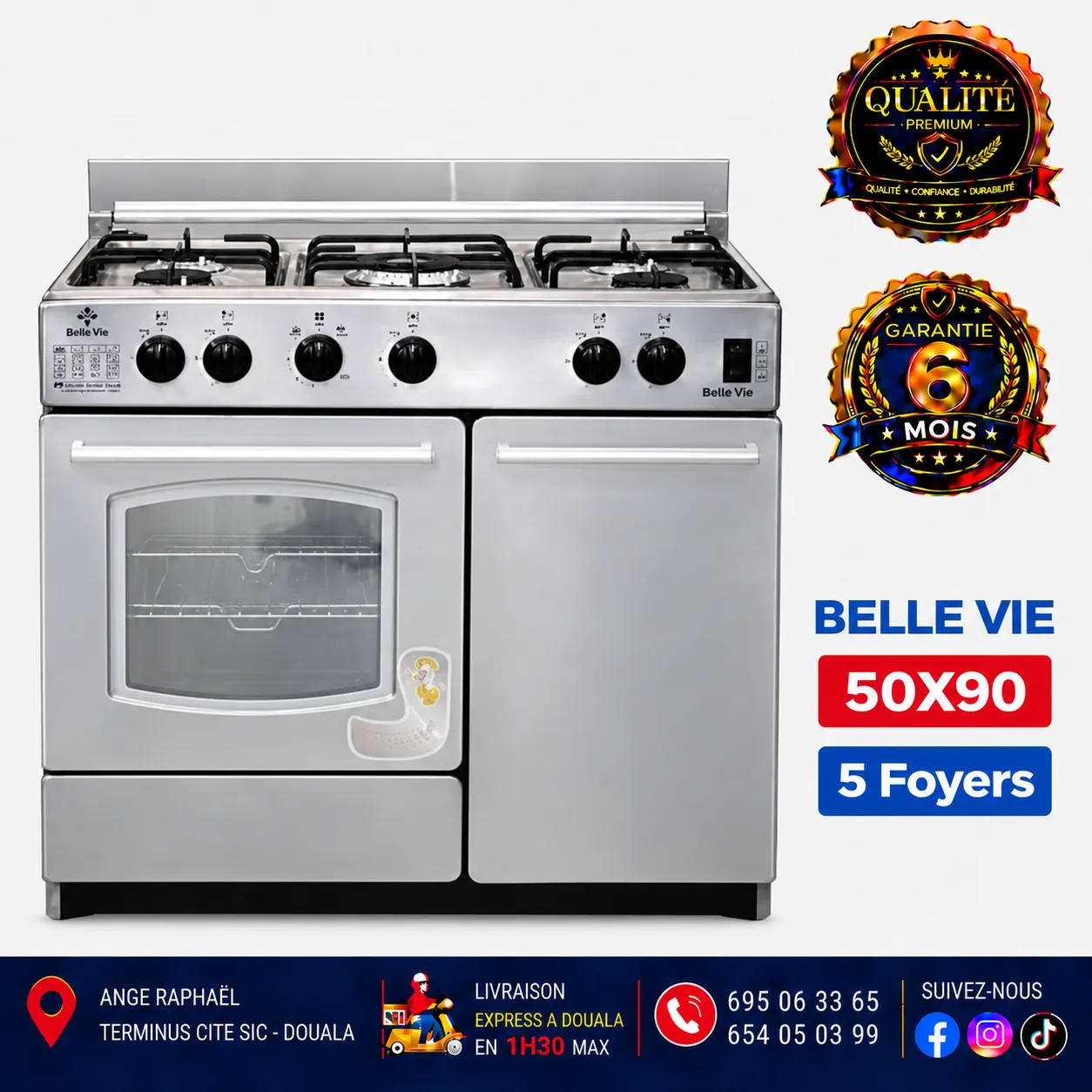 Cuisinière à gaz 5 foyers – Belle Vie – 50 × 90 – allumage automatique – four – porte-gaz – minuteur – full option – gris, noir et bordeaux