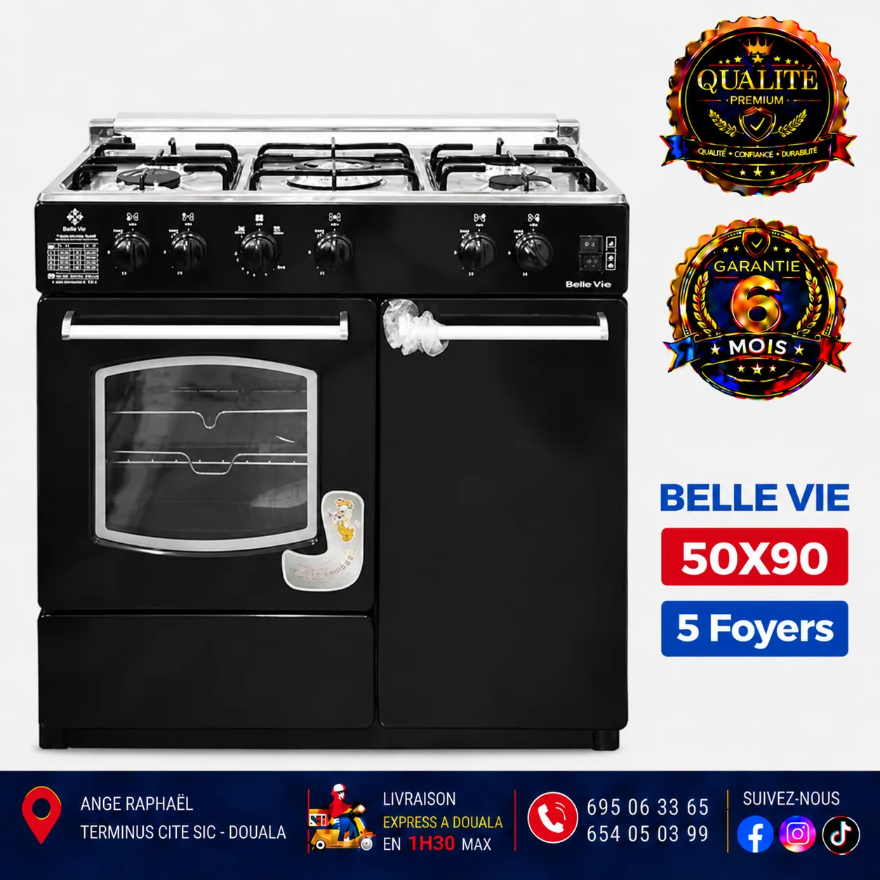Cuisinière à gaz 5 foyers – Belle Vie – 50 × 90 – allumage automatique – four – porte-gaz – minuteur – full option – gris, noir et bordeaux