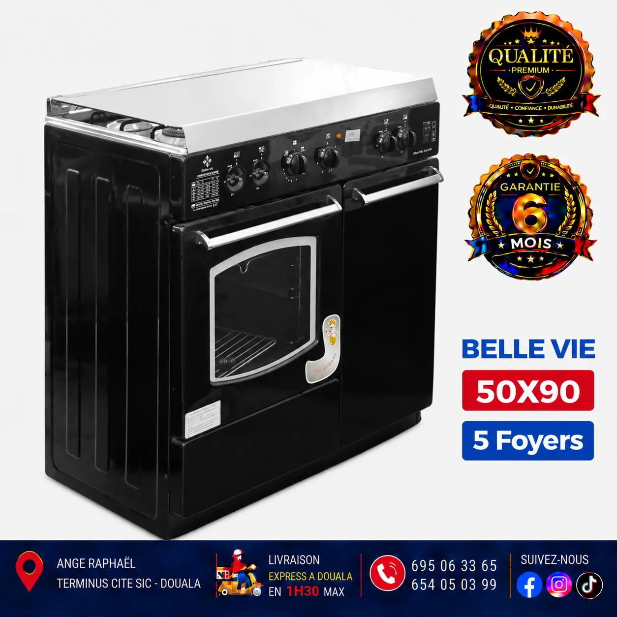 Cuisinière à gaz 5 foyers – Belle Vie – 50 × 90 – allumage automatique – four – porte-gaz – minuteur – full option – gris, noir et bordeaux
