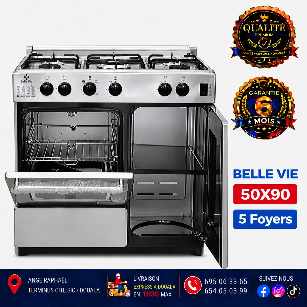 Cuisinière à gaz 5 foyers – Belle Vie – 50 × 90 – allumage automatique – four – porte-gaz – minuteur – full option – gris, noir et bordeaux