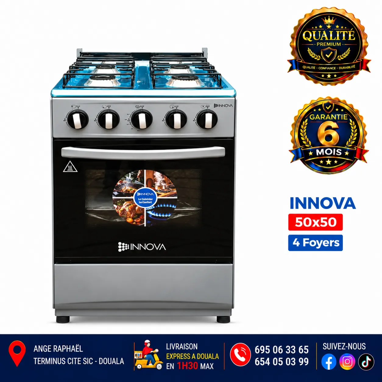 Cuisinière à gaz 4 foyers – Innova – 50 × 50 – IN5017  – allumage manuel – four – gris