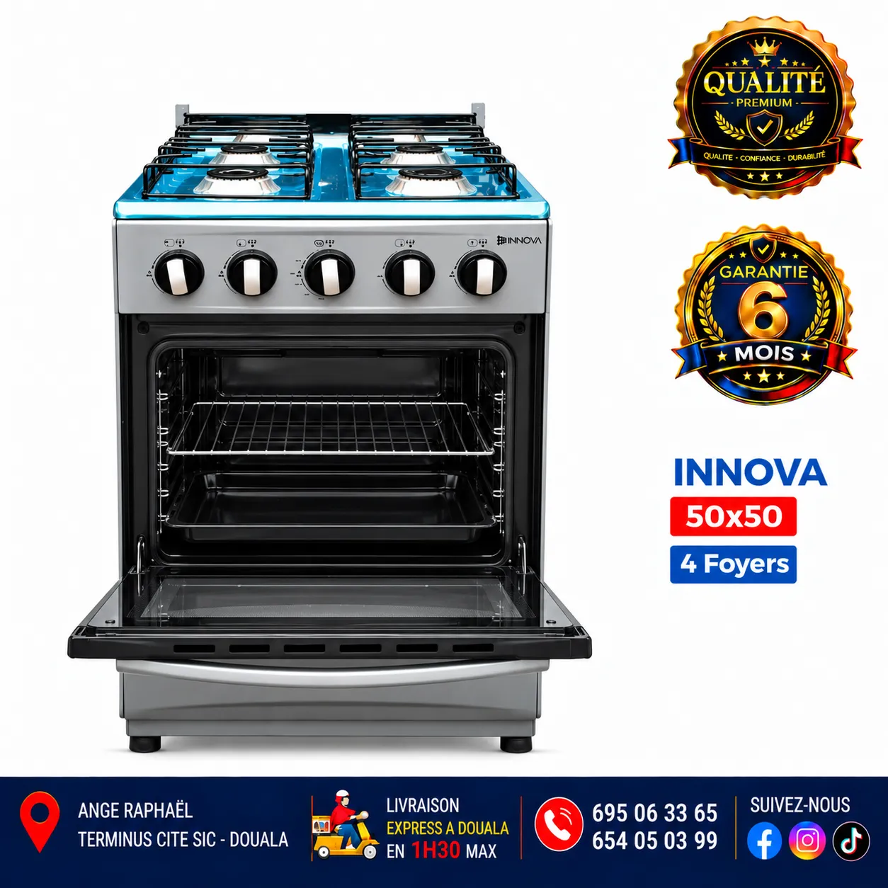 Cuisinière à gaz 4 foyers – Innova – 50 × 50 – IN5017  – allumage manuel – four – gris