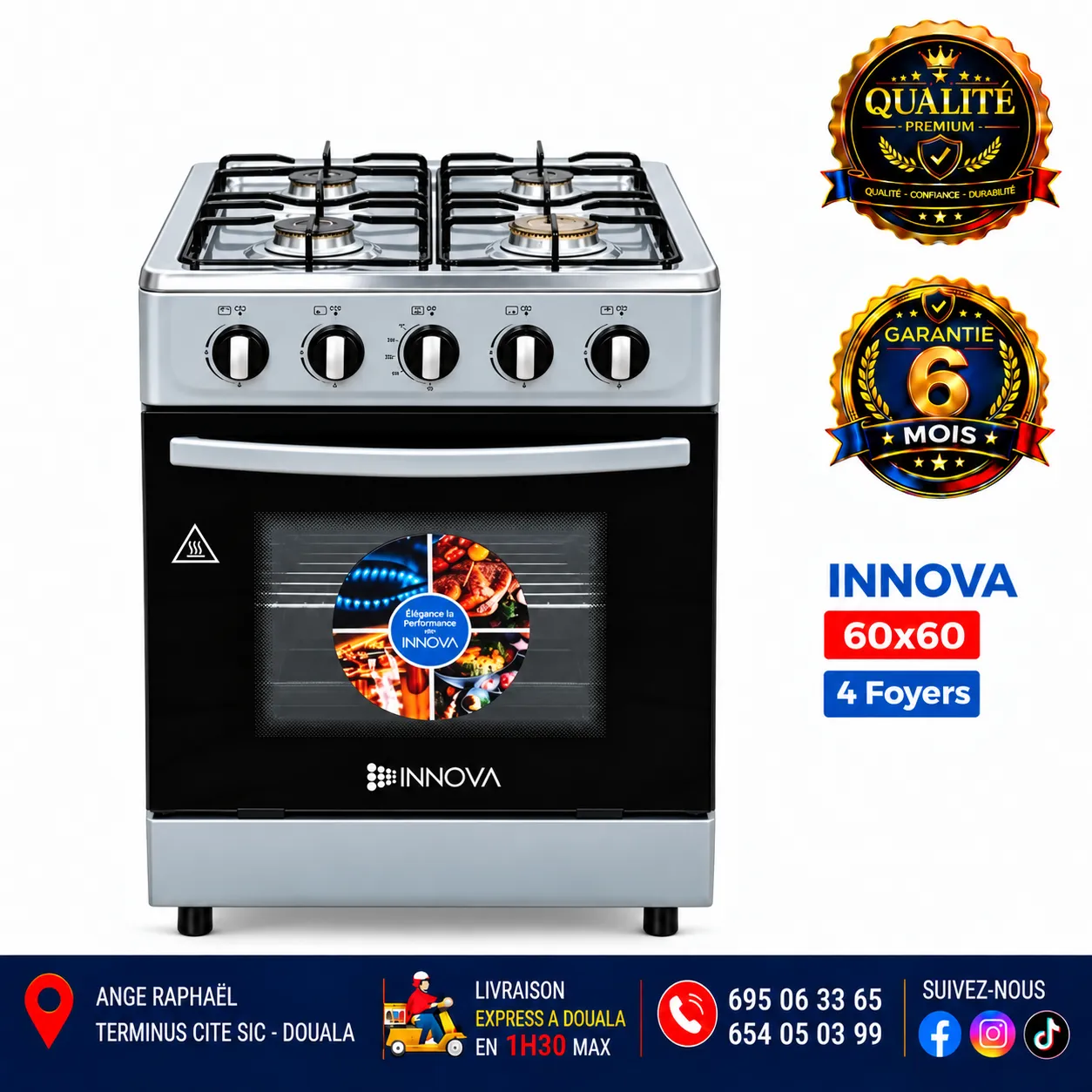 Cuisinière à gaz 4 foyers – Innova – 60 × 60 – IN6402 – gris – allumage automatique – four
