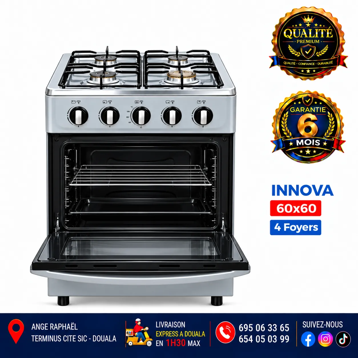 Cuisinière à gaz 4 foyers – Innova – 60 × 60 – IN6402 – gris – allumage automatique – four