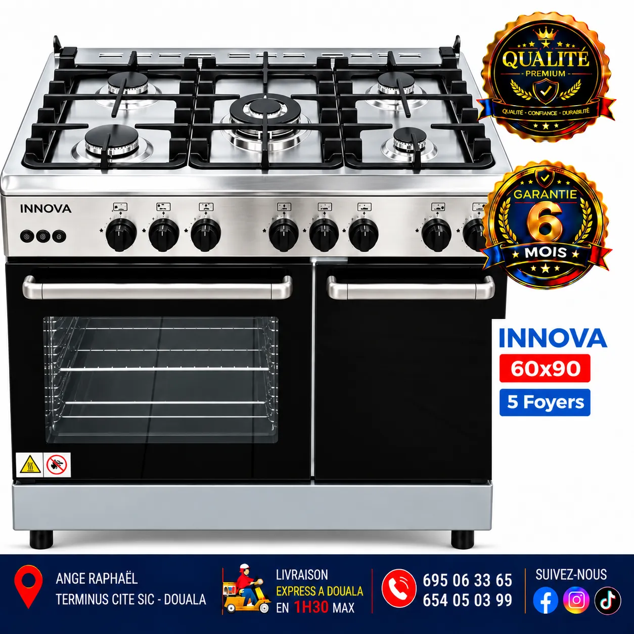 Cuisinière à gaz 5 foyers – Innova – 60 × 90 – IN9XR – full option – Trendy – inox – four – grill – porte-gaz – minuteur – broche électrique – gris