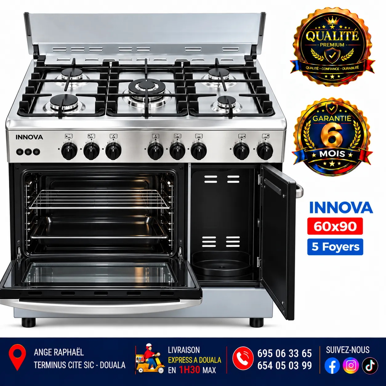 Cuisinière à gaz 5 foyers – Innova – 60 × 90 – IN9XR – full option – Trendy – inox – four – grill – porte-gaz – minuteur – broche électrique – gris