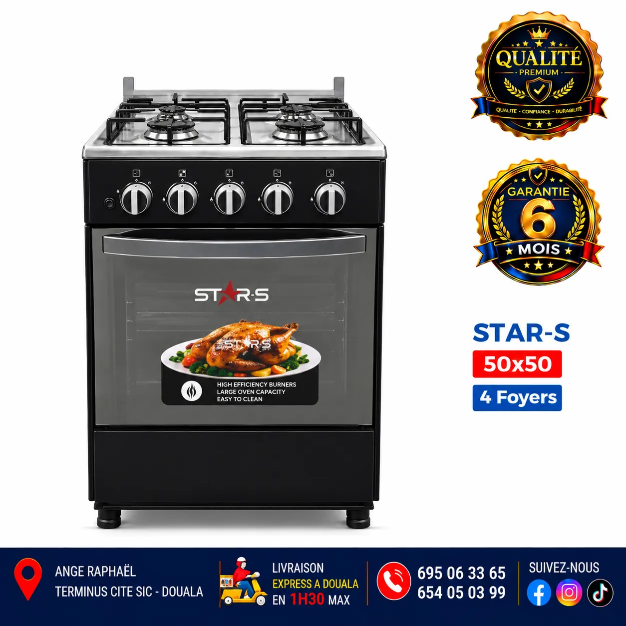 Cuisinière à gaz 4 foyers – STAR-S – 50 × 50 – gris – four – allumage automatique