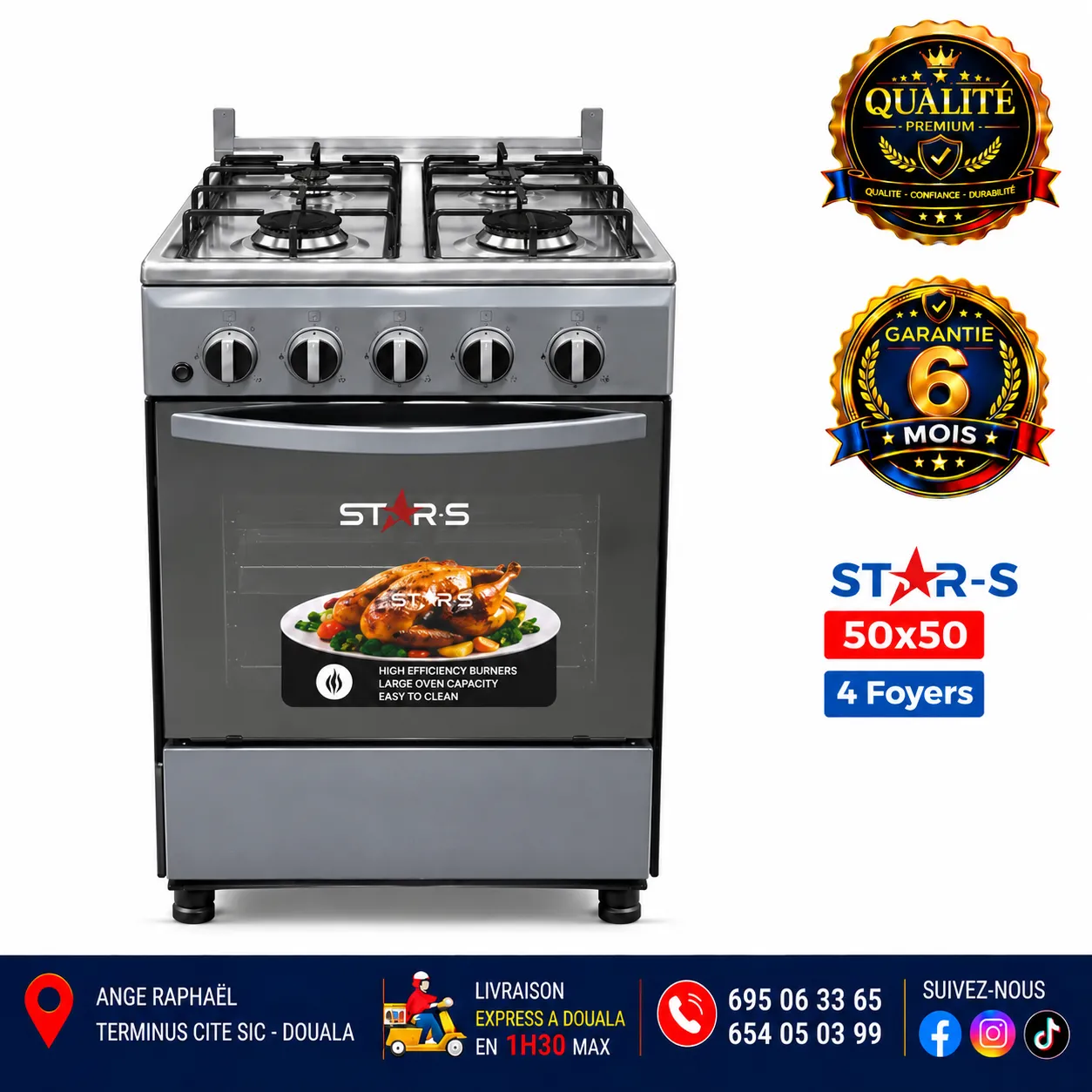 Cuisinière à gaz 4 foyers – STAR-S – 50 × 50 – gris – four – allumage automatique