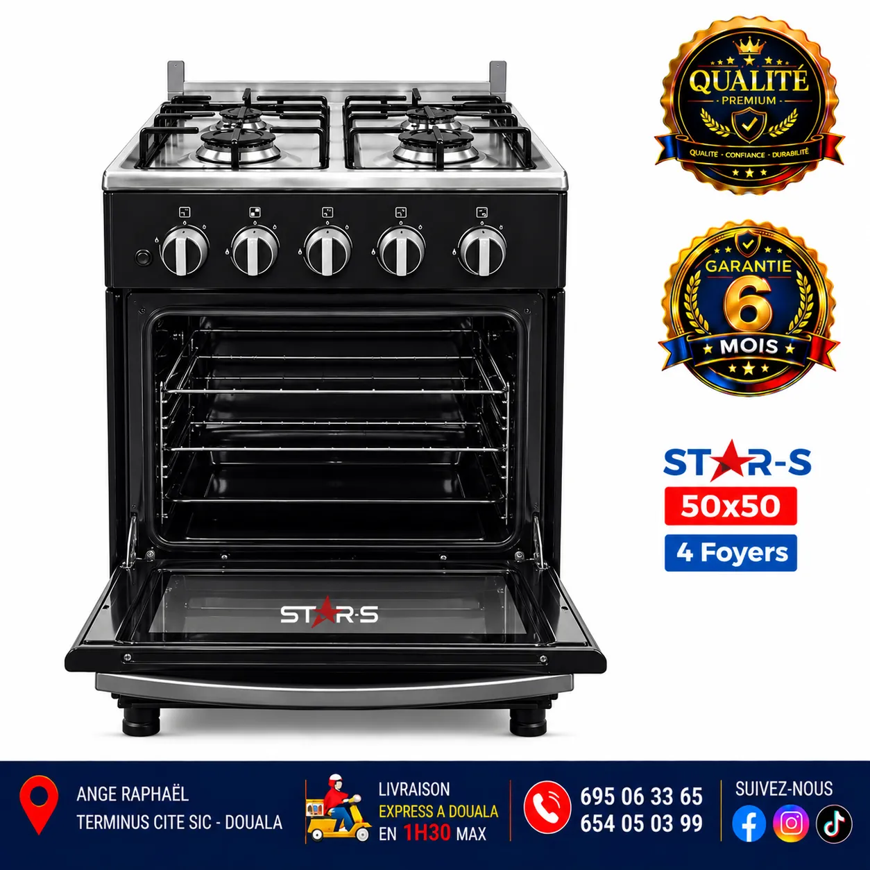 Cuisinière à gaz 4 foyers – STAR-S – 50 × 50 – gris – four – allumage automatique