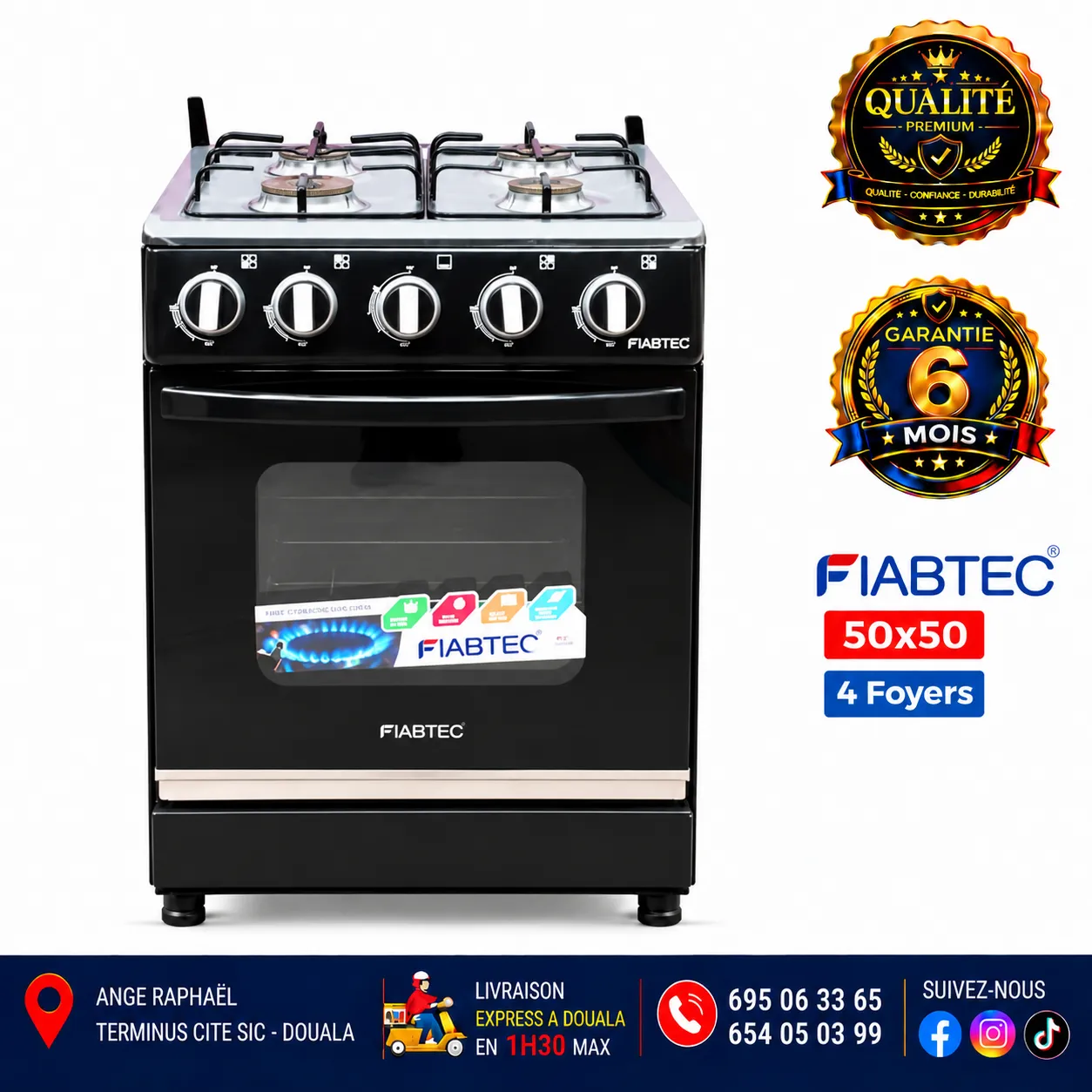Cuisinière à gaz 4 foyers – FIABTEC – 50 × 50 – référence FTG0X 50x50 – gris, noir et bordeaux – allumage automatique – four
