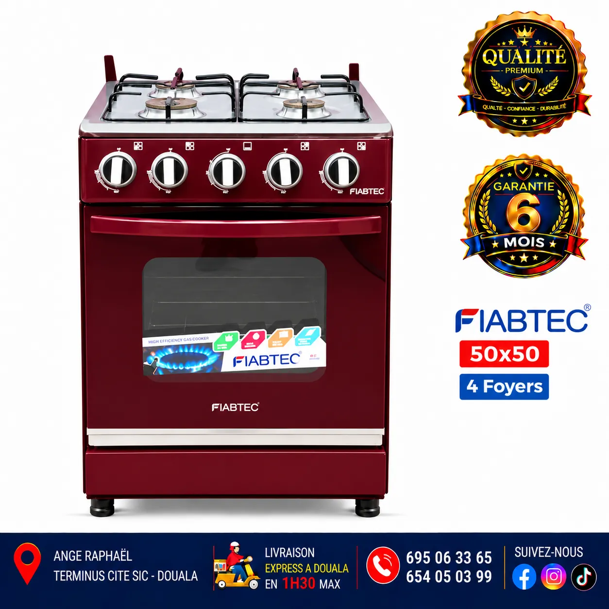 Cuisinière à gaz 4 foyers – FIABTEC – 50 × 50 – référence FTG0X 50x50 – gris, noir et bordeaux – allumage automatique – four