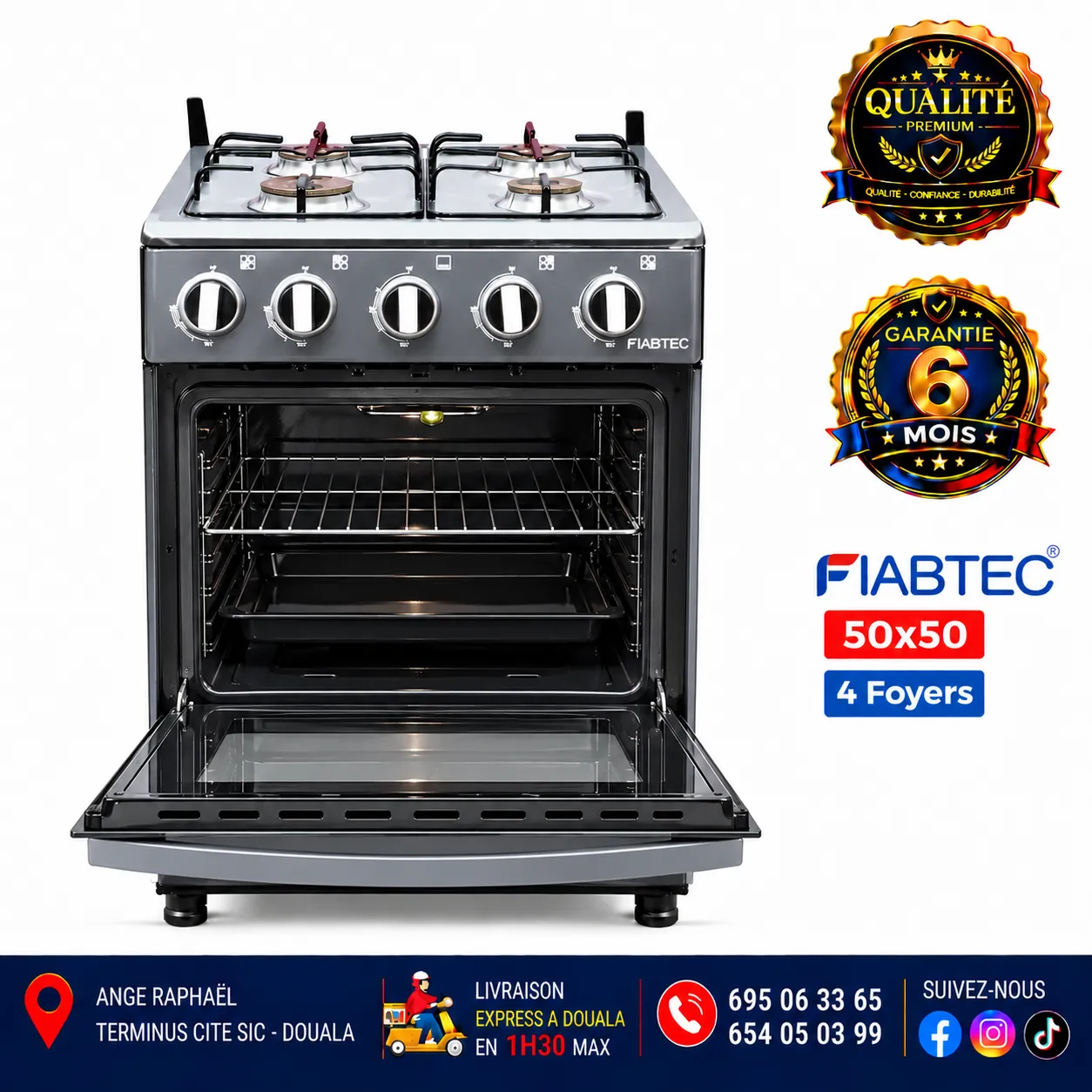 Cuisinière à gaz 4 foyers – FIABTEC – 50 × 50 – référence FTG0X 50x50 – gris, noir et bordeaux – allumage automatique – four
