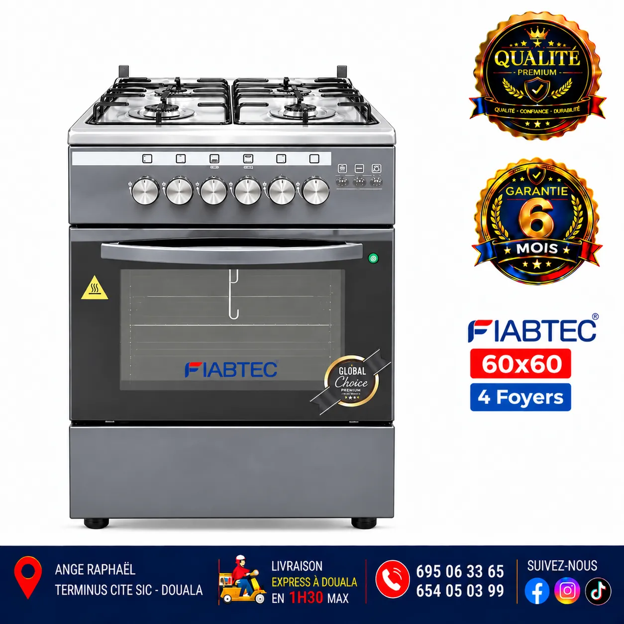 Cuisinière à gaz 4 foyers – FIABTEC – 60 × 60 – référence FTG0X 60X60 – gris, noir et bordeaux – allumage automatique – four