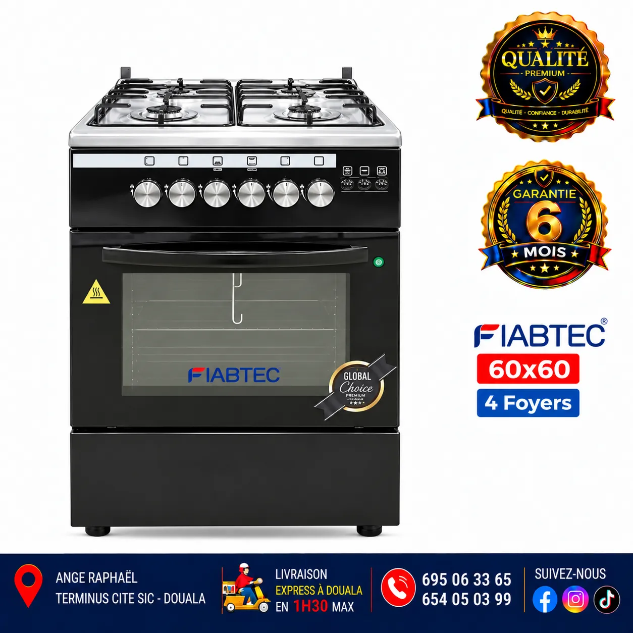 Cuisinière à gaz 4 foyers – FIABTEC – 60 × 60 – référence FTG0X 60X60 – gris, noir et bordeaux – allumage automatique – four