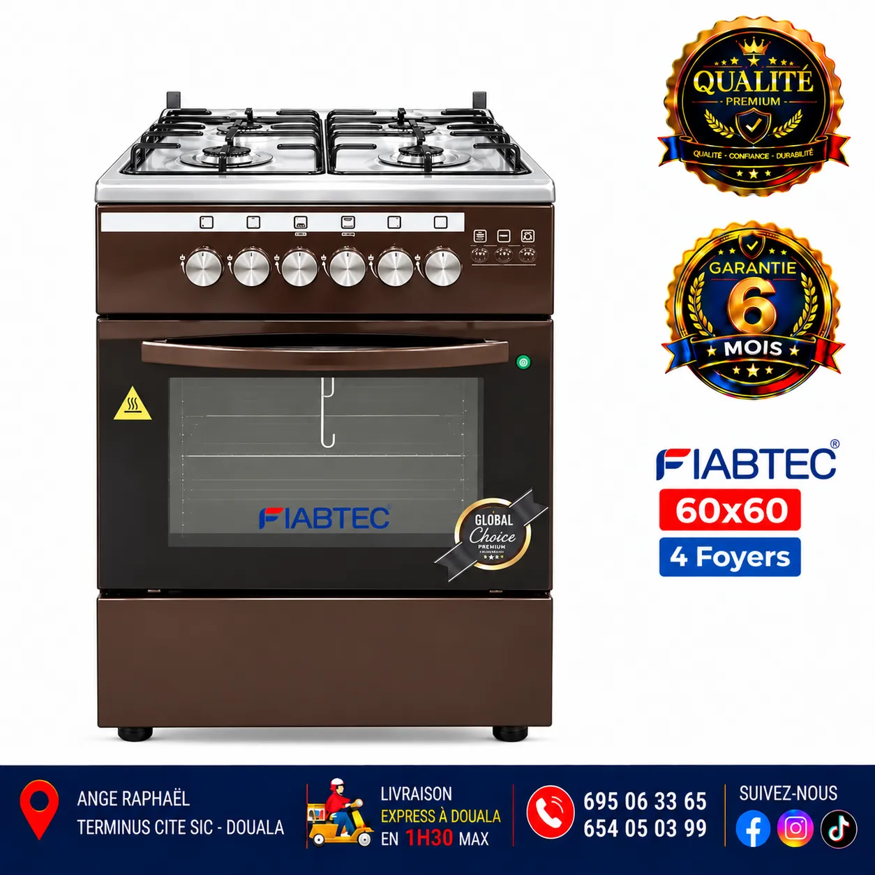 Cuisinière à gaz 4 foyers – FIABTEC – 60 × 60 – référence FTG0X 60X60 – gris, noir et bordeaux – allumage automatique – four