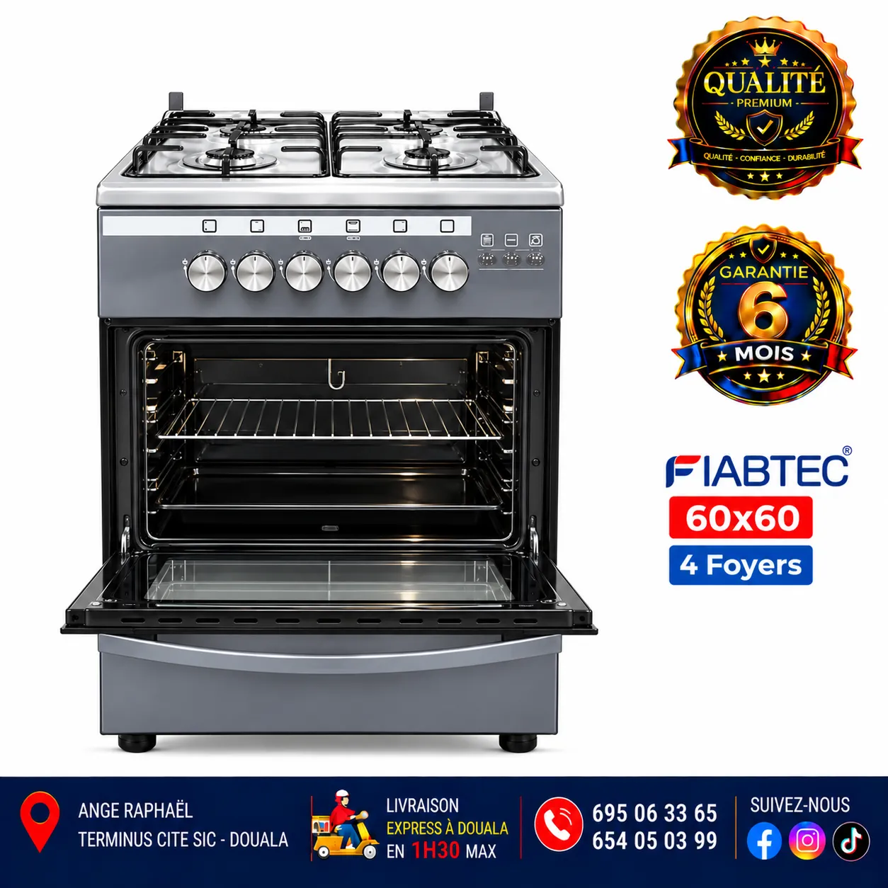 Cuisinière à gaz 4 foyers – FIABTEC – 60 × 60 – référence FTG0X 60X60 – gris, noir et bordeaux – allumage automatique – four