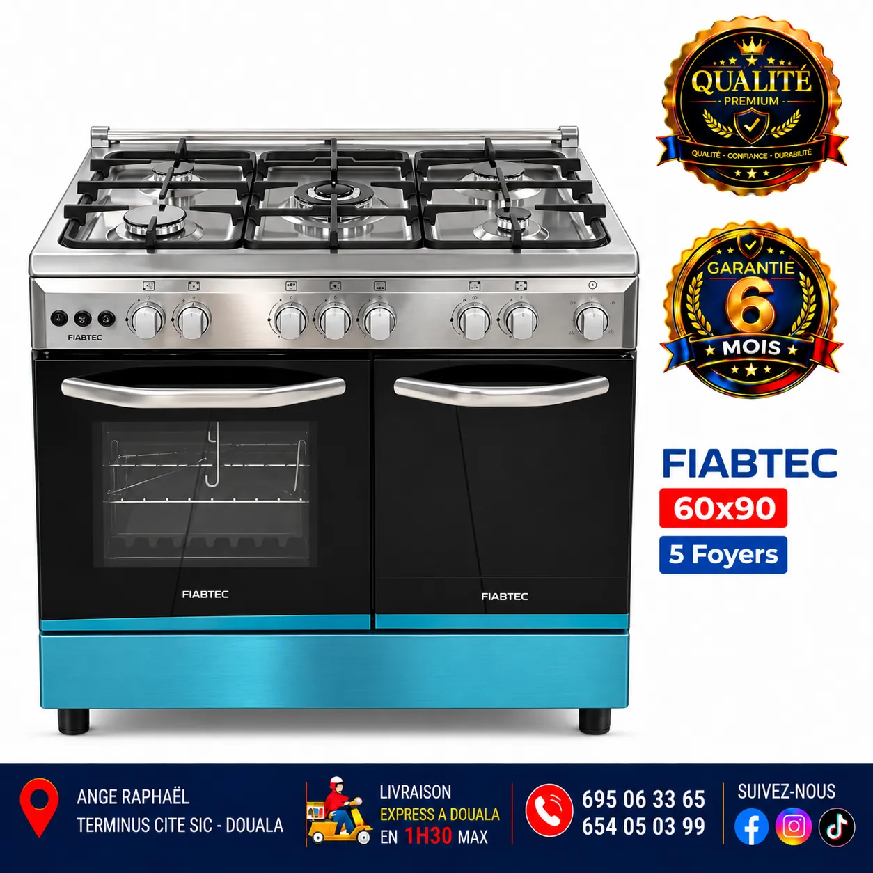 Cuisinière à gaz 5 foyers – FIABTEC – 60 × 90 – référence FTG0X 60X90 – full option – four – minuteur – porte-gaz – gris, noir et bordeaux – allumage automatique