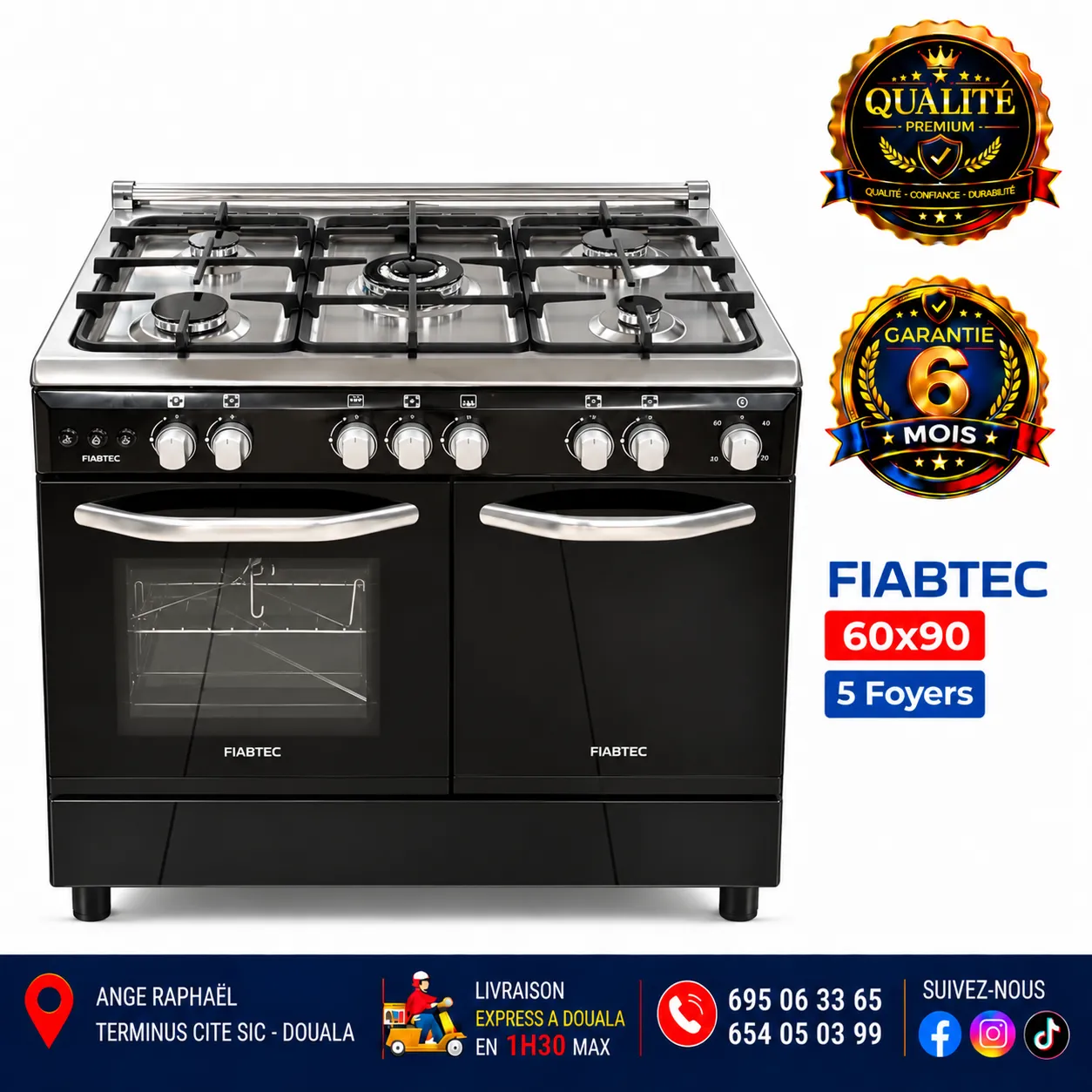 Cuisinière à gaz 5 foyers – FIABTEC – 60 × 90 – référence FTG0X 60X90 – full option – four – minuteur – porte-gaz – gris, noir et bordeaux – allumage automatique