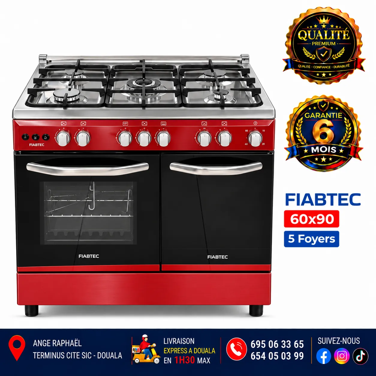 Cuisinière à gaz 5 foyers – FIABTEC – 60 × 90 – référence FTG0X 60X90 – full option – four – minuteur – porte-gaz – gris, noir et bordeaux – allumage automatique