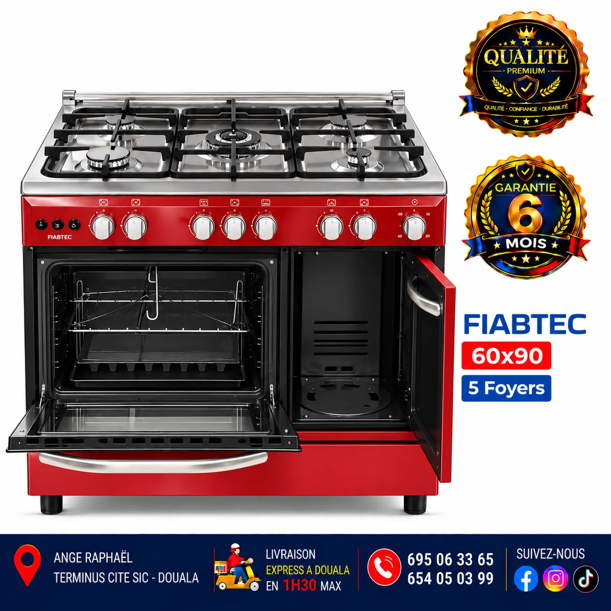 Cuisinière à gaz 5 foyers – FIABTEC – 60 × 90 – référence FTG0X 60X90 – full option – four – minuteur – porte-gaz – gris, noir et bordeaux – allumage automatique