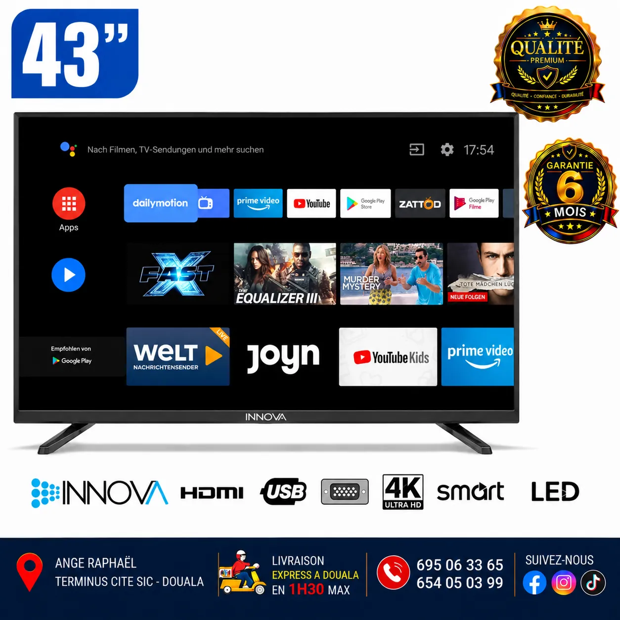 Téléviseur Innova LED FHD – Smart Android – numérique – satellite – DV3S2/T2 – 43 pouces – 43TT500