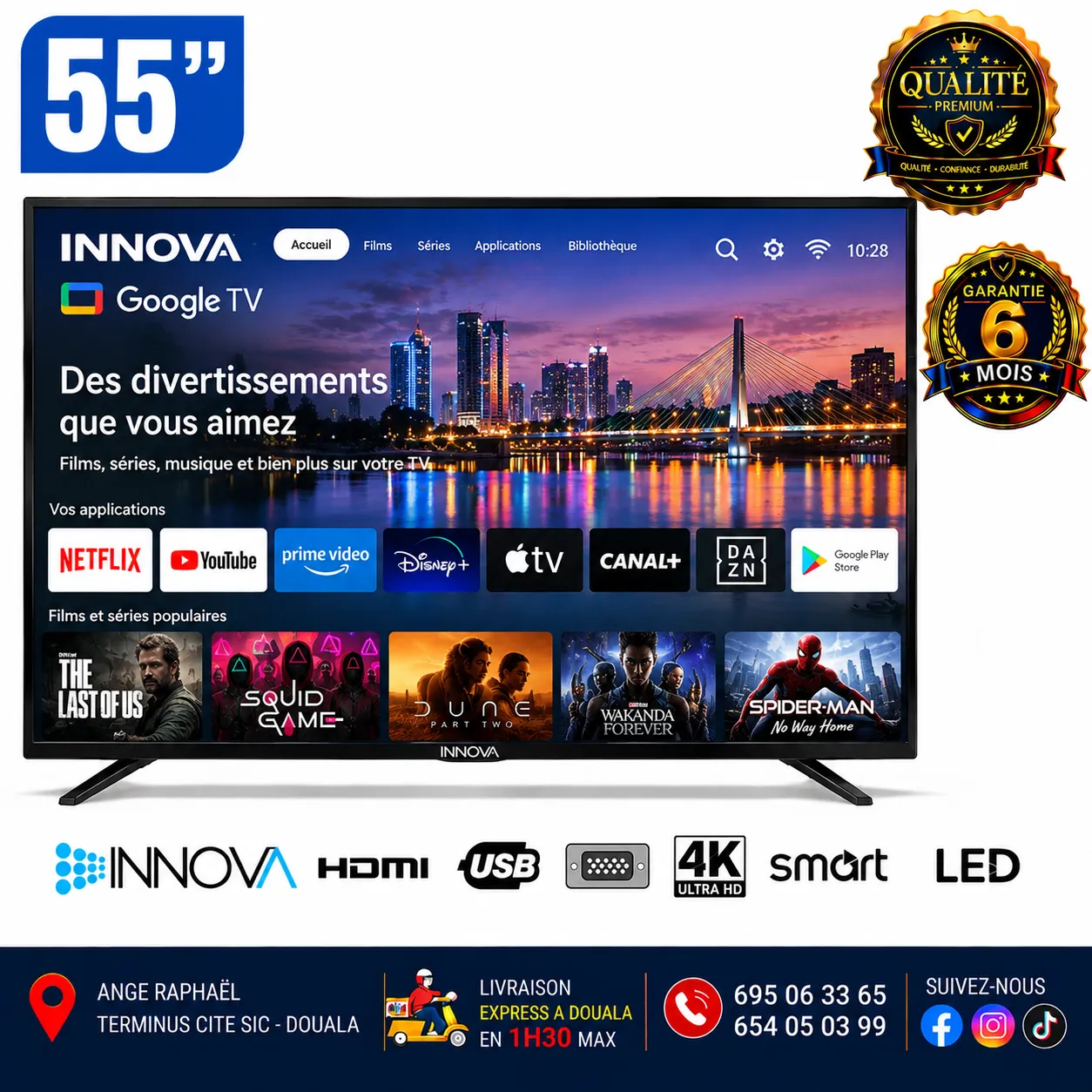 Téléviseur Innova LED 4K UHD – Smart Android – numérique – satellite – DV352/T2 – 55 pouces – 55TT500