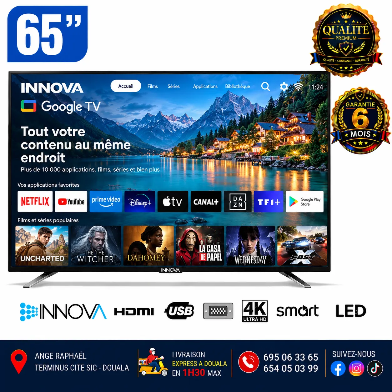 Téléviseur Innova LED 4K UHD – Smart Android – numérique – satellite – DV352/T2 – 65 pouces – 65HH800