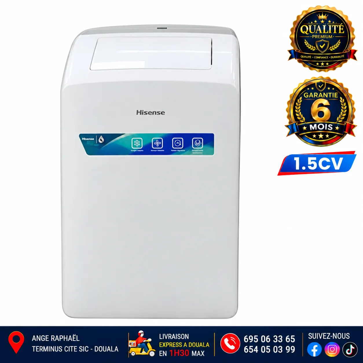 Climatiseur portable Hisense 12 000 BTU – 1,5 CV – AP-12CR4RNX01 – blanc