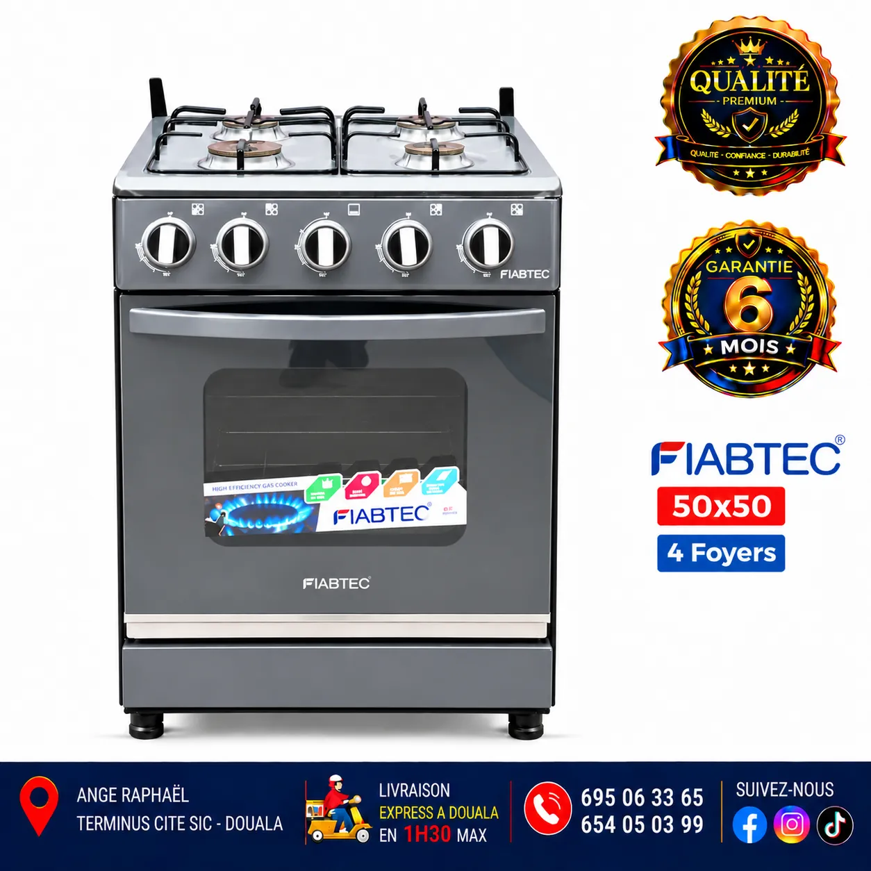 Cuisinière à gaz 4 foyers – FIABTEC – 50 × 50 – référence FTG0X 50x50 – gris, noir et bordeaux – allumage automatique – four