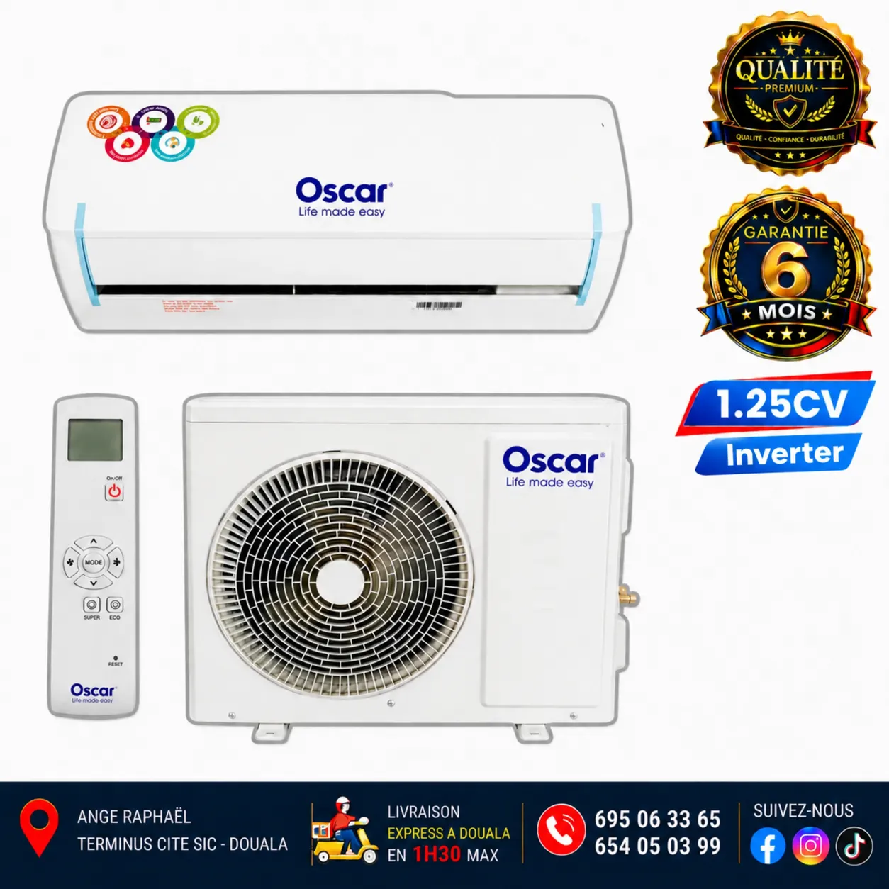 Climatiseur split Oscar Inverter – 1,25 CV – 9 000 BTU – mural – blanc – R410A + R32