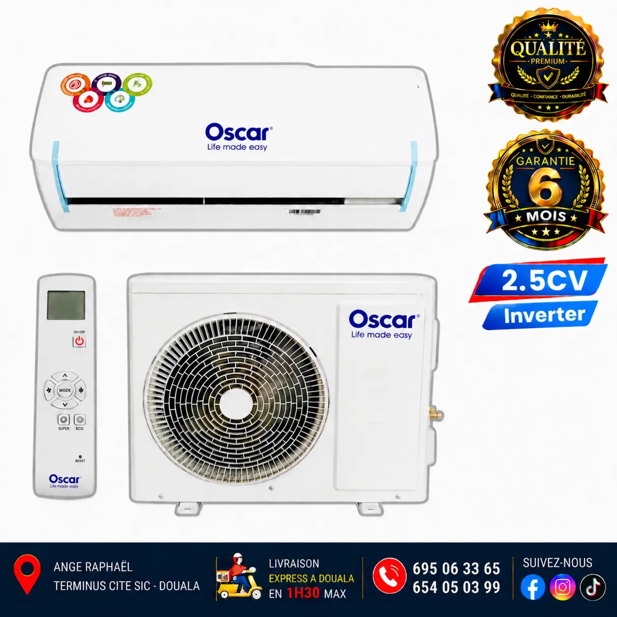Climatiseur split Oscar Inverter – 2,5 CV – 18 000 BTU – blanc – mural – R410A + R32