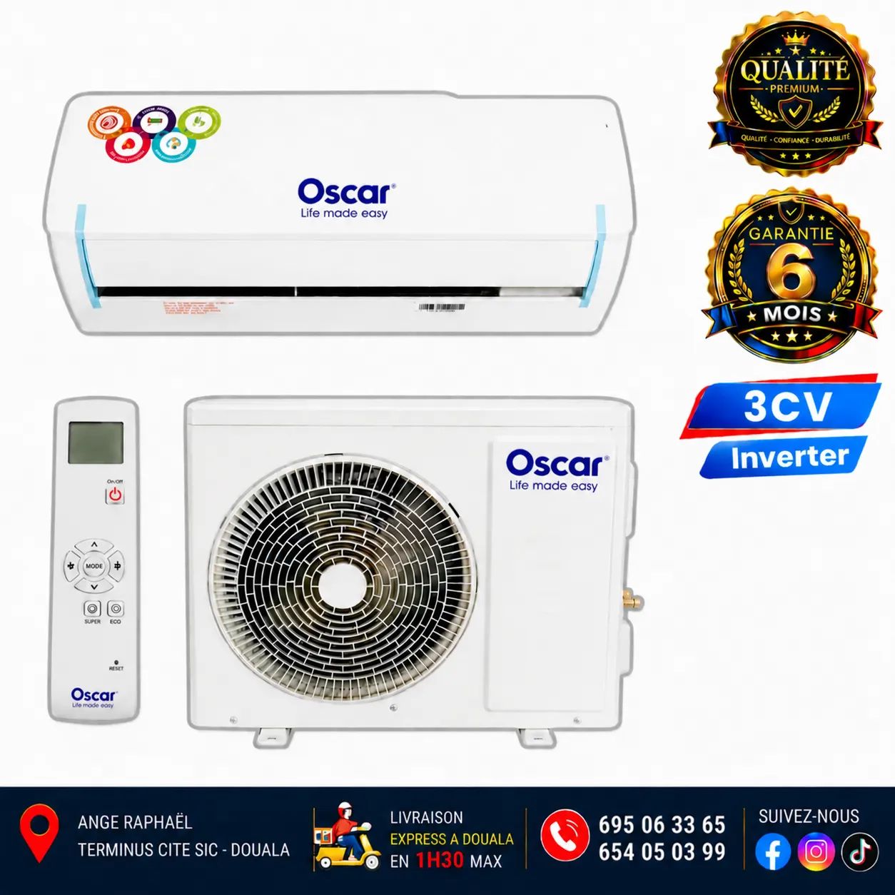 <p>Améliorez le confort thermique de votre intérieur avec le <strong>climatiseur split Oscar Inverter de 24 000 BTU</strong>. Avec une puissance de 3 CV, cet appareil mural est conçu pour rafraîchir les espaces adaptés à sa capacité, notamment les grandes pièces, les salons et certains espaces professionnels.</p><p>Sa technologie <strong>Inverter</strong> ajuste le fonctionnement du compresseur en fonction des besoins de refroidissement, favorisant une température plus stable et une meilleure gestion de la consommation électrique. Son design blanc sobre s’intègre facilement à différents styles d’intérieur.</p><h3>⚙️ Caractéristiques techniques</h3><ol><li data-list="bullet"><span class="ql-ui" contenteditable="false"></span><strong>Marque :</strong> Oscar</li><li data-list="bullet"><span class="ql-ui" contenteditable="false"></span><strong>Type de produit :</strong> Climatiseur split</li><li data-list="bullet"><span class="ql-ui" contenteditable="false"></span><strong>Technologie :</strong> Inverter</li><li data-list="bullet"><span class="ql-ui" contenteditable="false"></span><strong>Puissance :</strong> 3 CV</li><li data-list="bullet"><span class="ql-ui" contenteditable="false"></span><strong>Capacité de refroidissement :</strong> 24 000 BTU</li><li data-list="bullet"><span class="ql-ui" contenteditable="false"></span><strong>Installation :</strong> Murale</li><li data-list="bullet"><span class="ql-ui" contenteditable="false"></span><strong>Couleur :</strong> Blanc</li><li data-list="bullet"><span class="ql-ui" contenteditable="false"></span><strong>Gaz réfrigérant :</strong> R410A ou R32, à confirmer sur l’étiquette</li><li data-list="bullet"><span class="ql-ui" contenteditable="false"></span><strong>Garantie :</strong> 6 mois</li></ol><h3>⭐ Points forts</h3><ol><li data-list="bullet"><span class="ql-ui" contenteditable="false"></span>❄️ <strong>Capacité de 24 000 BTU :</strong> adaptée aux besoins de refroidissement des espaces correspondant à sa puissance.</li><li data-list="bullet"><span class="ql-ui" contenteditable="false"></span>⚡ <strong>Technologie Inverter :</strong> adapte le fonctionnement du compresseur aux besoins de climatisation.</li><li data-list="bullet"><span class="ql-ui" contenteditable="false"></span>🏠 <strong>Installation murale :</strong> libère de l’espace au sol et s’intègre à l’aménagement intérieur.</li><li data-list="bullet"><span class="ql-ui" contenteditable="false"></span>🎨 <strong>Design blanc :</strong> une finition sobre qui convient à différents styles de décoration.</li><li data-list="bullet"><span class="ql-ui" contenteditable="false"></span>🛡️ <strong>Garantie de 6 mois :</strong> pour un achat accompagné d’une garantie.</li></ol><h3>🛍️ Pourquoi acheter chez DD STORE ?</h3><ol><li data-list="bullet"><span class="ql-ui" contenteditable="false"></span>🛒 <strong>Produits de qualité :</strong> des appareils sélectionnés auprès de marques reconnues.</li><li data-list="bullet"><span class="ql-ui" contenteditable="false"></span>💰 <strong>Prix compétitifs :</strong> des offres adaptées au marché local.</li><li data-list="bullet"><span class="ql-ui" contenteditable="false"></span>🚚 <strong>Livraison à domicile à Douala :</strong> recevez votre commande à l’adresse indiquée.</li><li data-list="bullet"><span class="ql-ui" contenteditable="false"></span>📦 <strong>Expédition dans les autres villes du Cameroun :</strong> commandez depuis votre ville et faites expédier votre appareil.</li><li data-list="bullet"><span class="ql-ui" contenteditable="false"></span>🤝 <strong>Accompagnement client :</strong> bénéficiez de conseils pour choisir l’équipement adapté à vos besoins.</li><li data-list="bullet"><span class="ql-ui" contenteditable="false"></span>🔒 <strong>Achat en toute confiance :</strong> obtenez les informations utiles avant de commander.</li><li data-list="bullet"><span class="ql-ui" contenteditable="false"></span>📞 <strong>Service client disponible :</strong> une équipe à votre écoute pour vos questions sur les produits, les commandes et les livraisons.</li></ol><p>📲 Commandez en ligne ou sur WhatsApp au <strong>695 06 33 65</strong> : notre équipe vous répond tous les jours de 8h à 18h.</p>