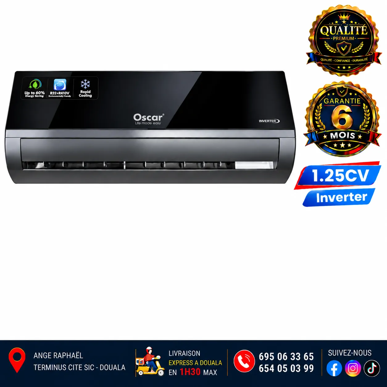 Climatiseur split Oscar Inverter – 1,25 CV – 9 000 BTU – noir miroir – mural – R410A + R32