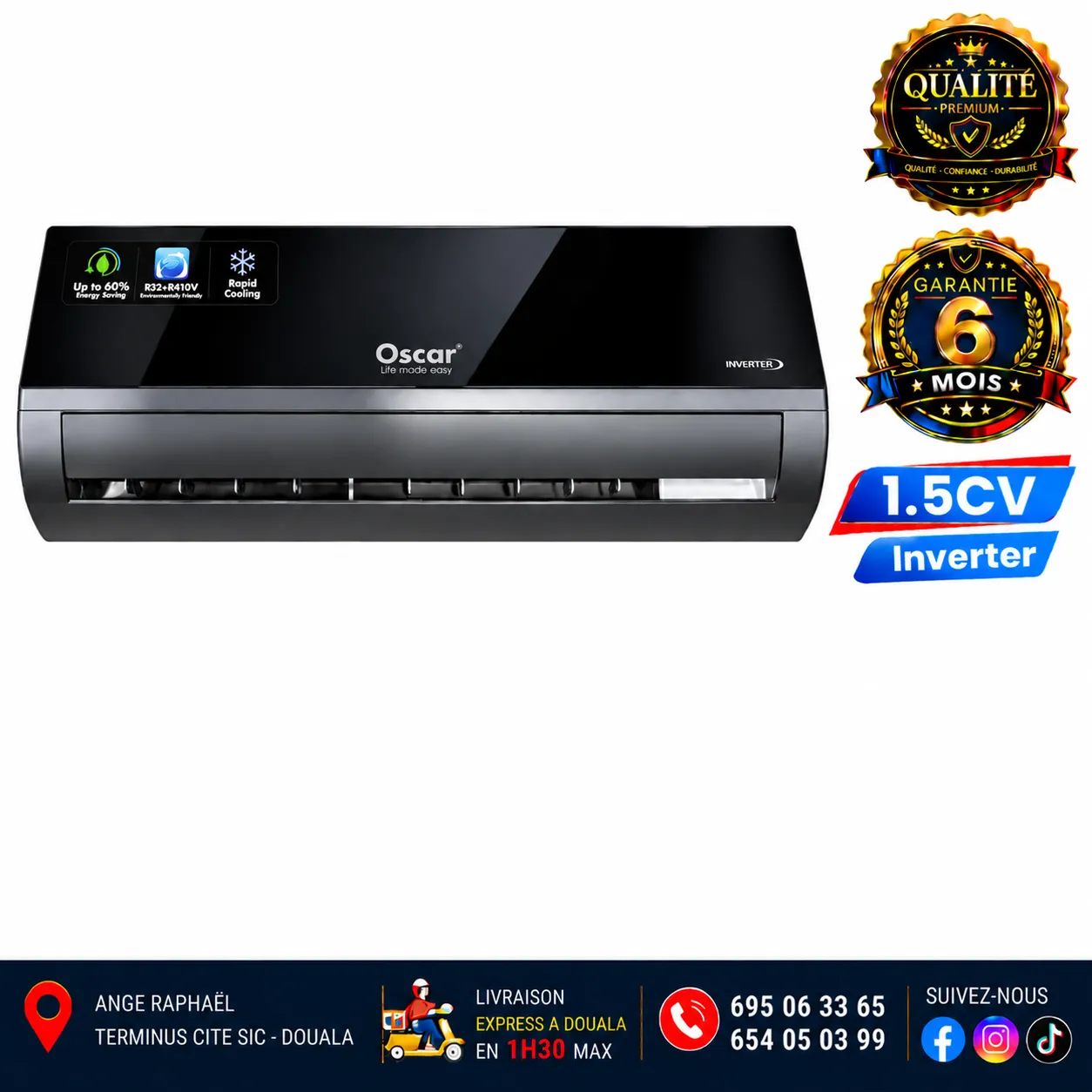 Climatiseur split Oscar Inverter – 1,5 CV – 12 000 BTU – noir miroir – mural – R410A + R32
