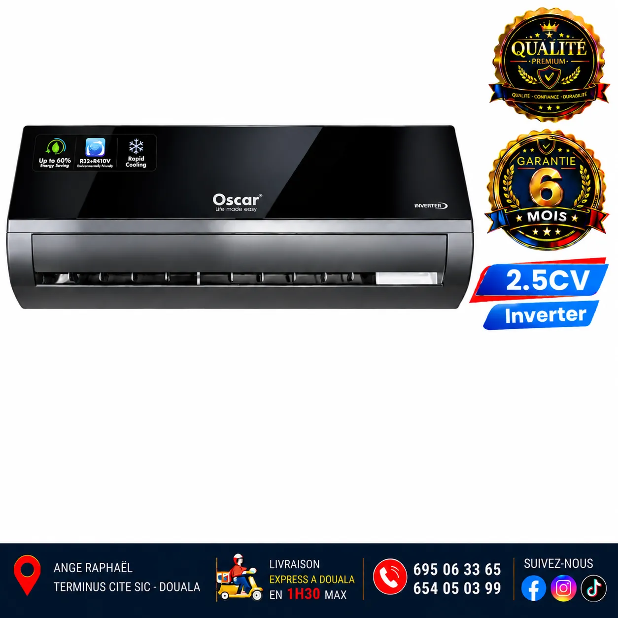 Climatiseur split Oscar Inverter – 2,5 CV – 18 000 BTU – noir miroir – mural – R410A + R32