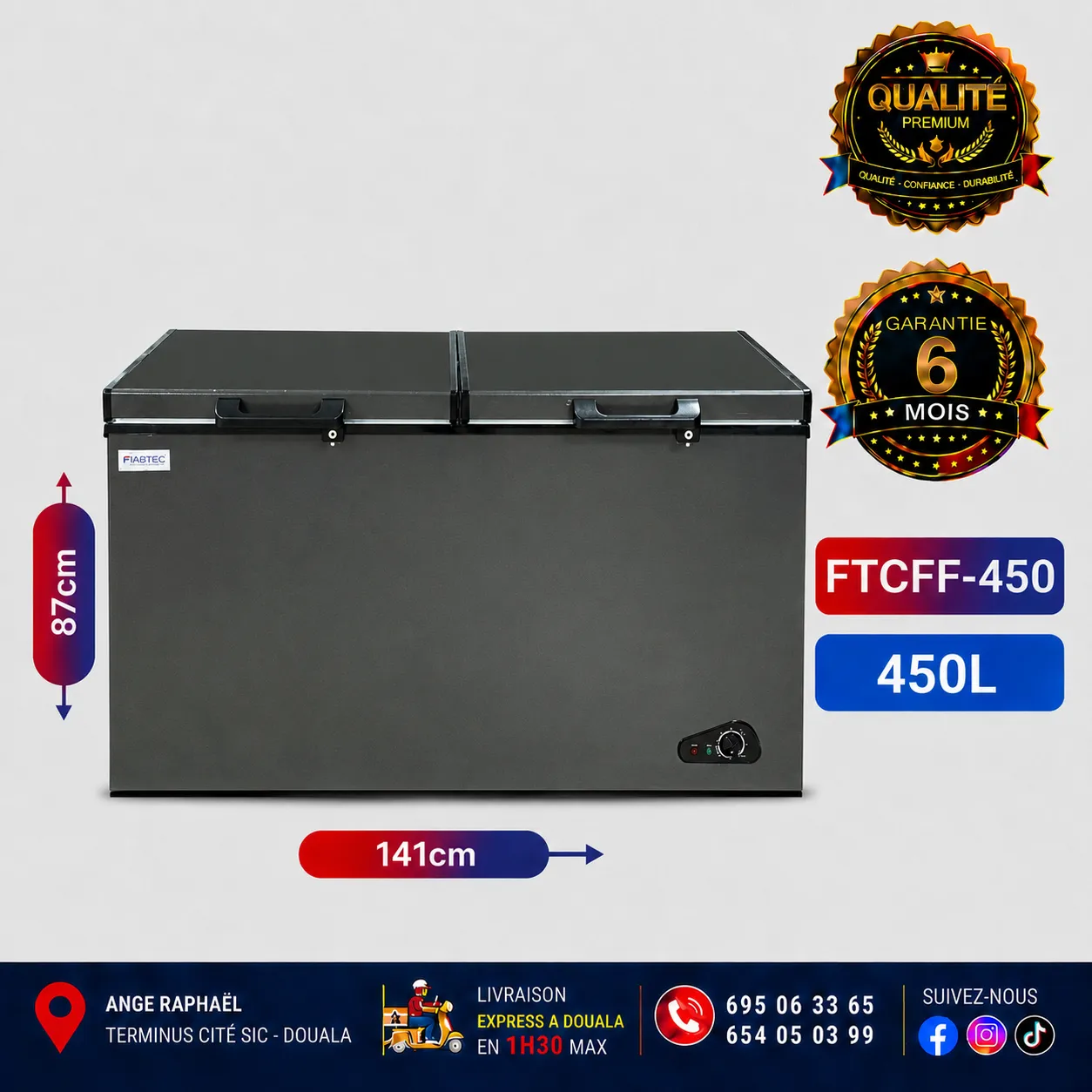 Congélateur coffre - Fiabtec - FTCFQ-450Q - 450L - A+ - Double battant - Gris