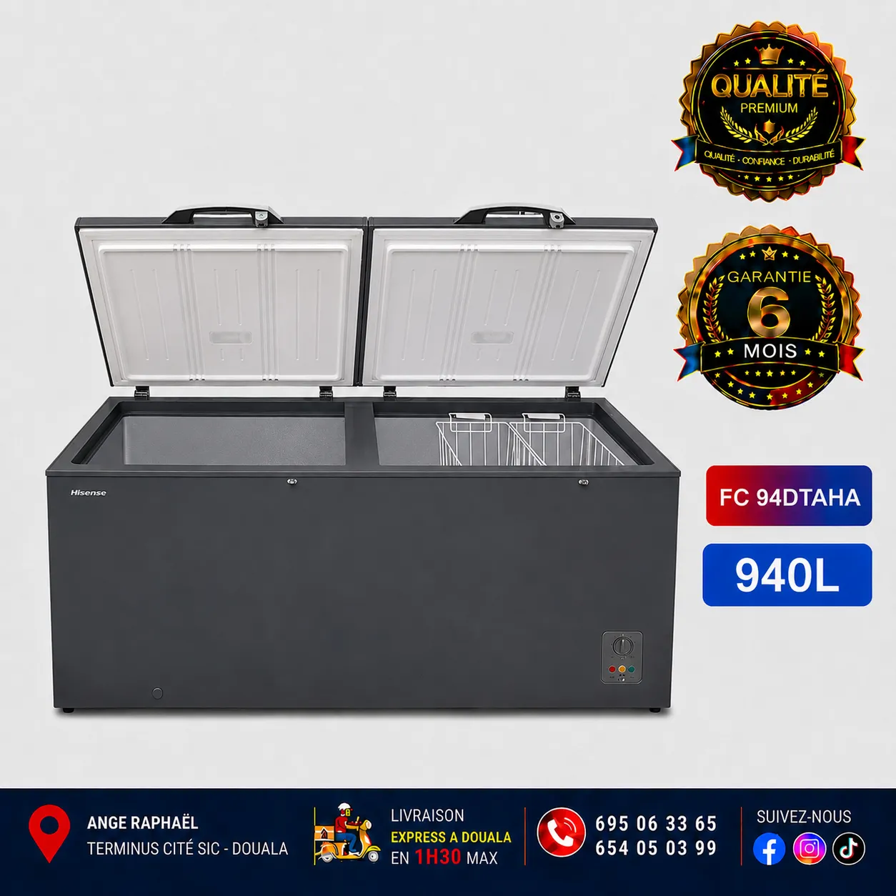 Congélateur coffre - Hisense - FC94DTAHA - 940 L - A+ - Gris - Double battant
