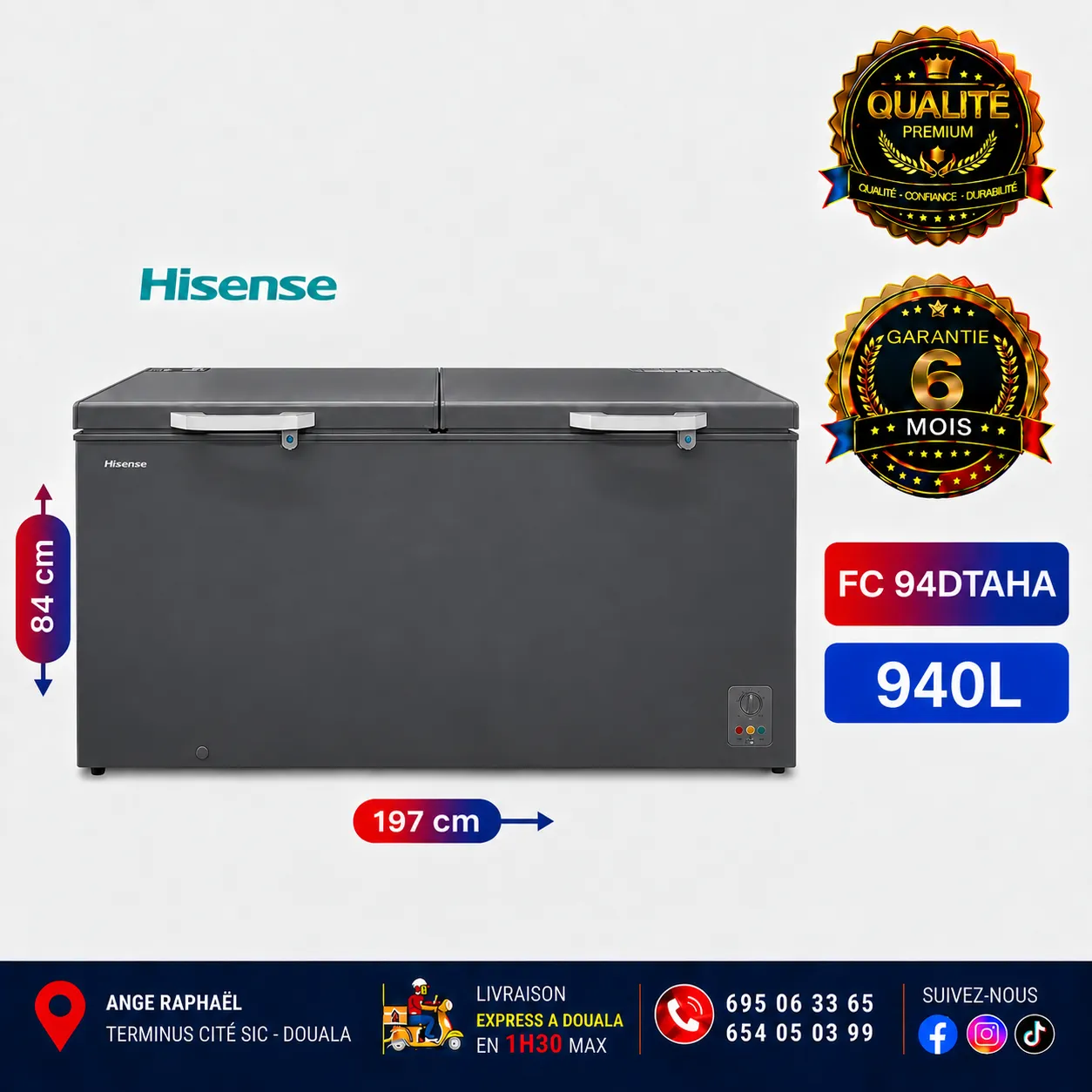 Congélateur coffre - Hisense - FC94DTAHA - 940 L - A+ - Gris - Double battant