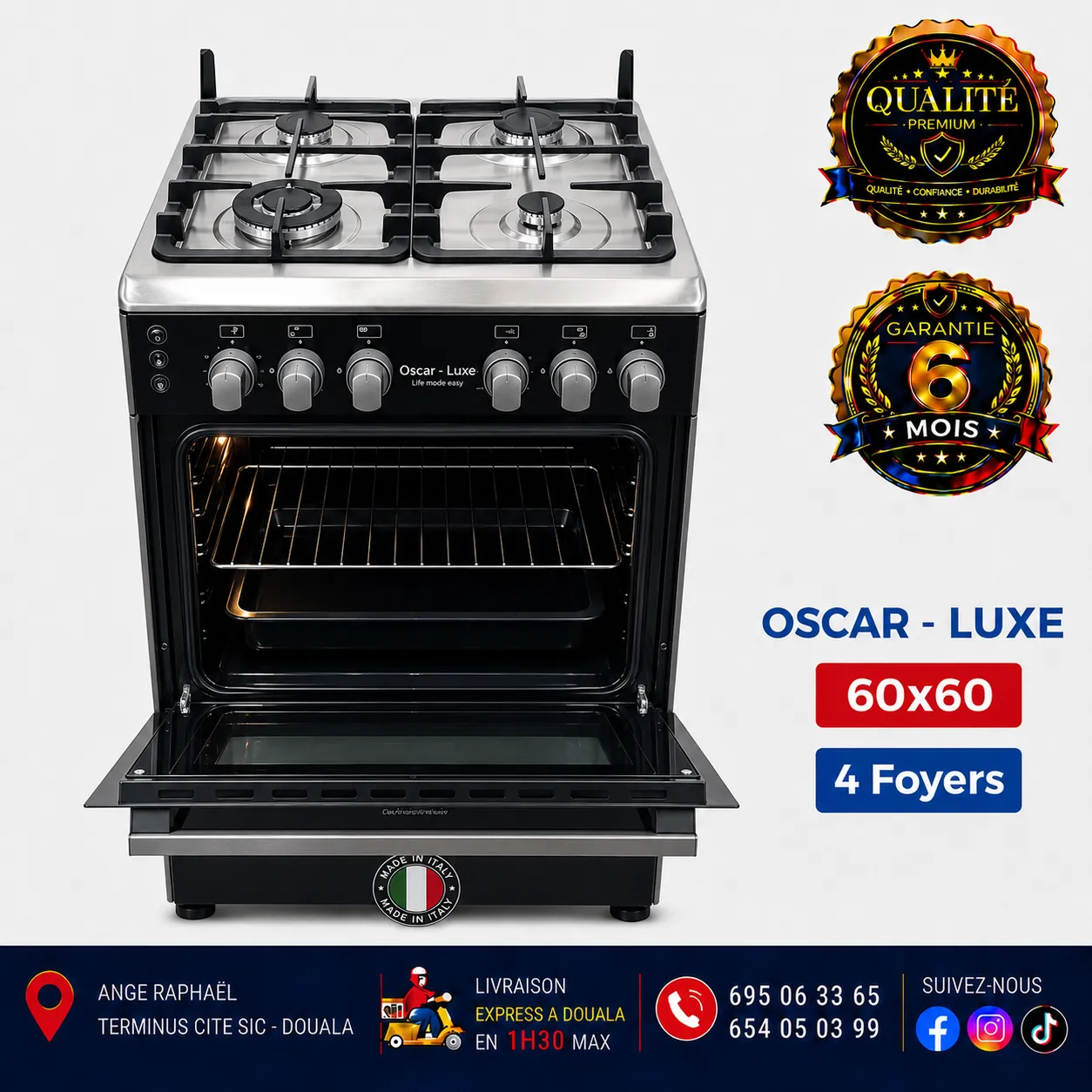 Cuisinière automatique - Oscar - 04 feux - 60x60 - Luxe - Four - Noir - Style italienne