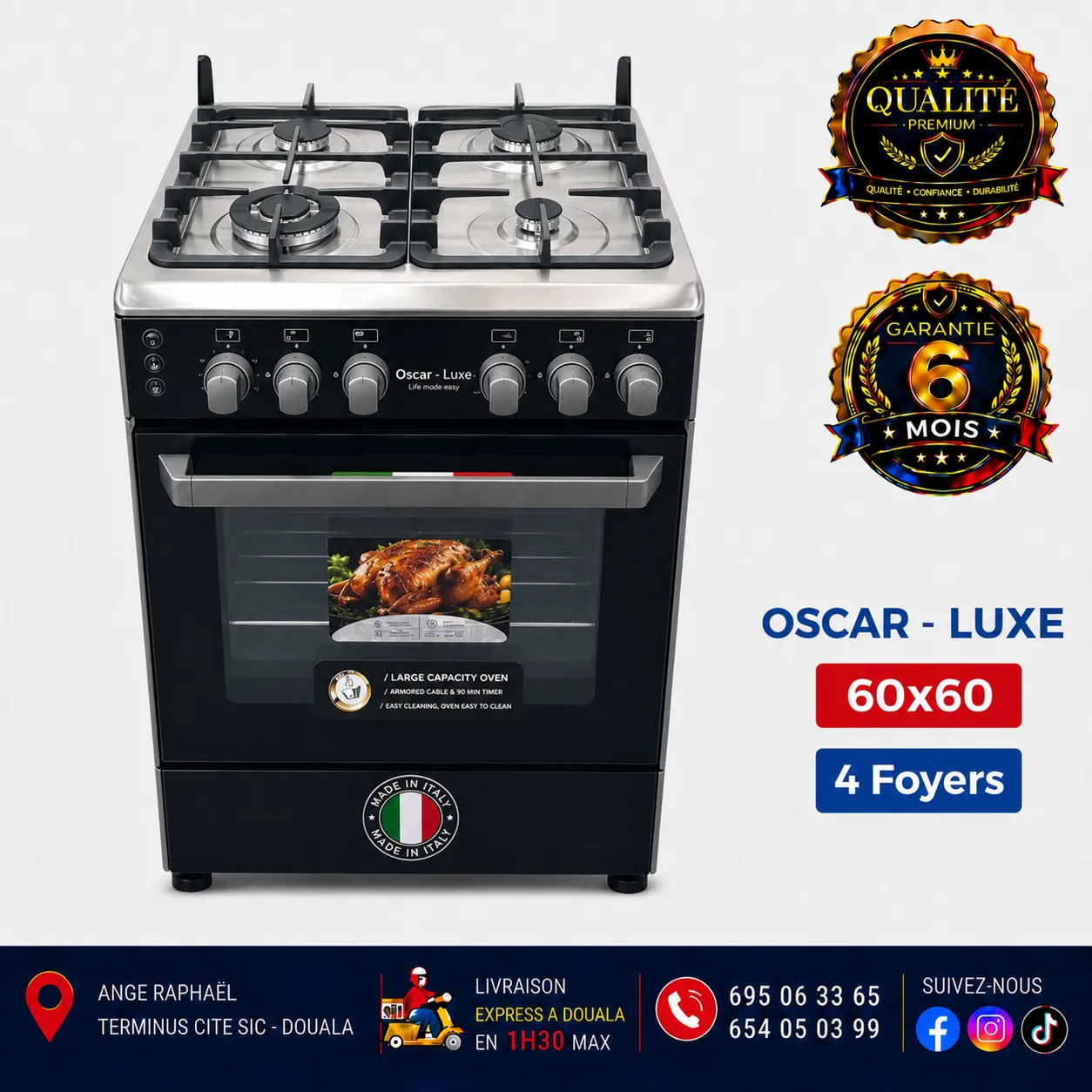 Cuisinière automatique - Oscar - 04 feux - 60x60 - Luxe - Four - Noir - Style italienne