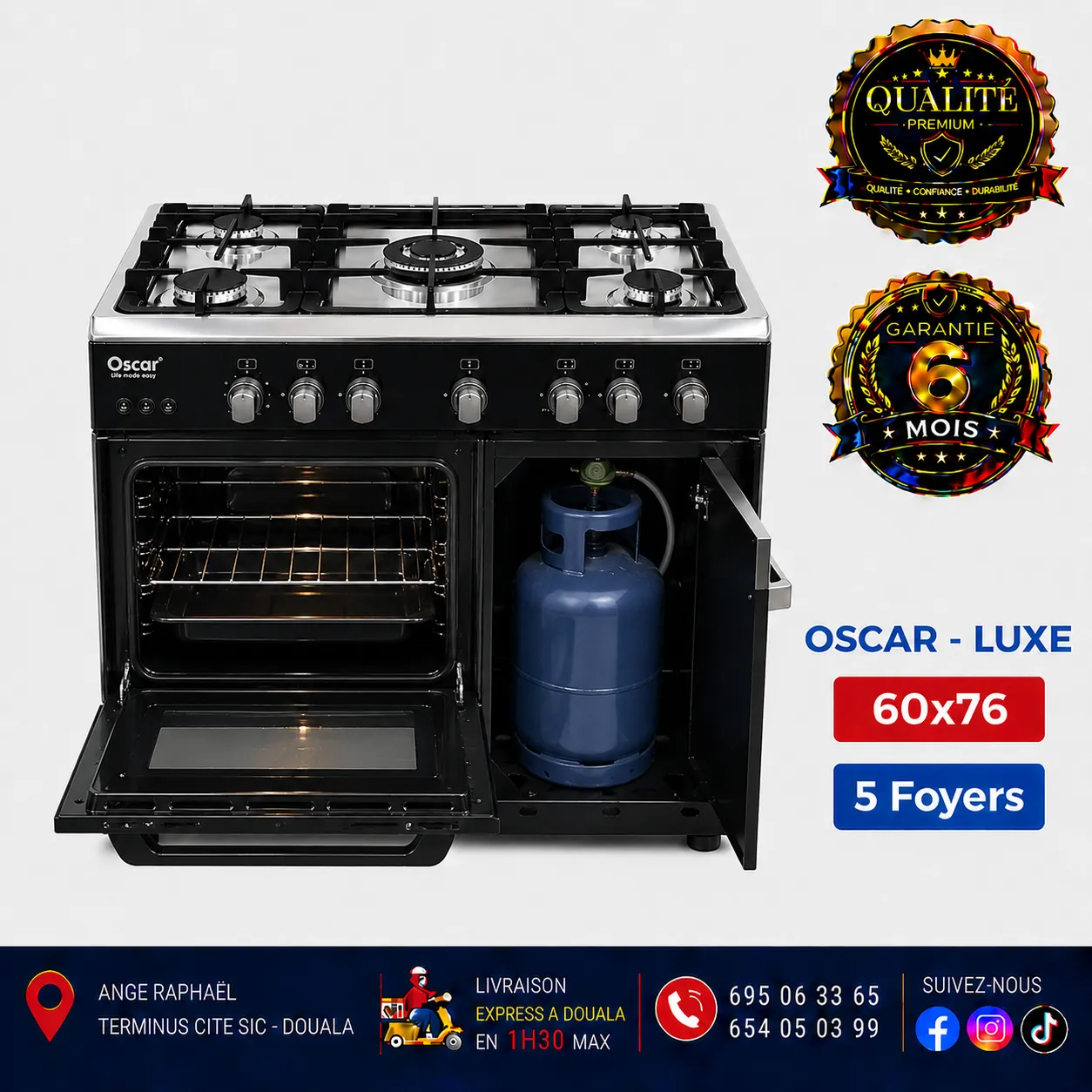 Cuisinière automatique - Oscar - 05 foyers - 60x76 - Four - Gris - Noir