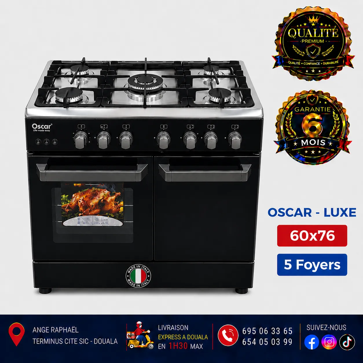 Cuisinière automatique - Oscar - 05 foyers - 60x76 - Four - Gris - Noir